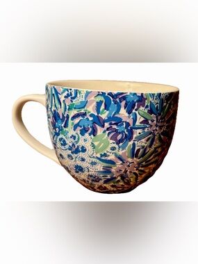 Lilly Pulitzer White & Blue Floral Hidden Lion Design White Handle Coffee Cup